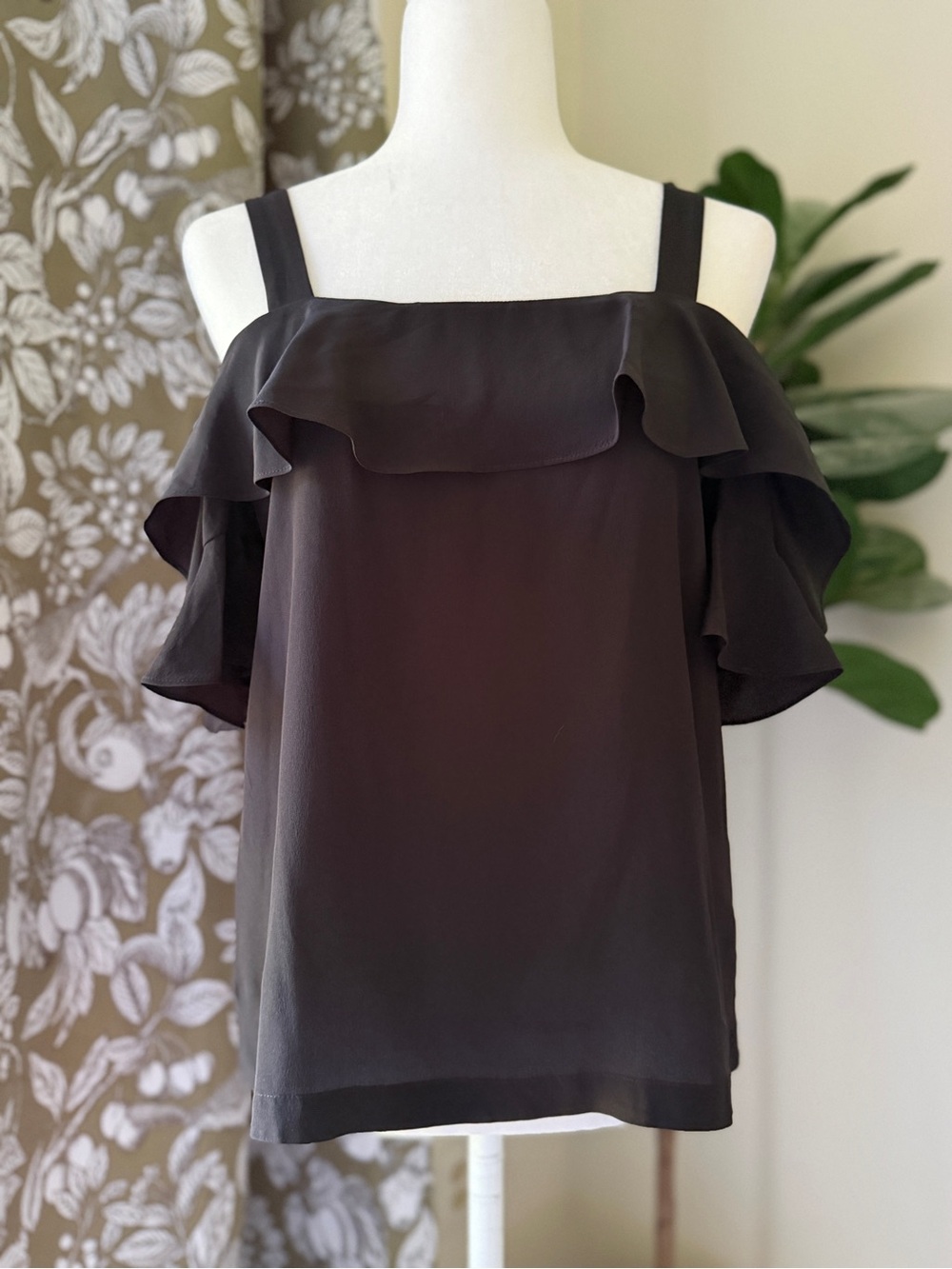 J. Crew Black Silk Ruffle Off The Shoulder Top